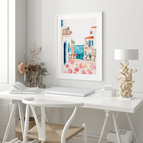 Balcony art print with soft pastel houses and sea view

