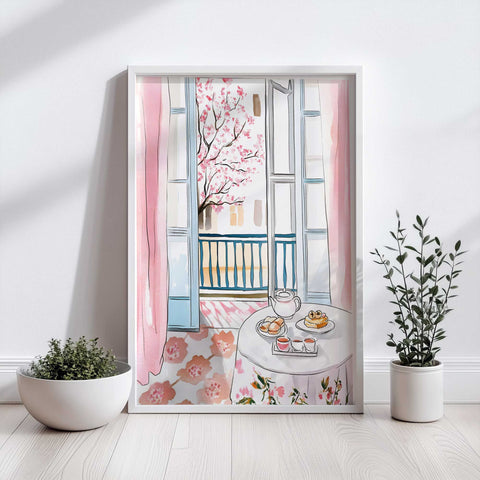 Balcony view watercolor with cherry blossoms and tea setting

