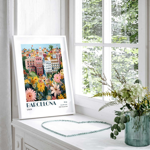 Barcelona architecture art print with bright flowers