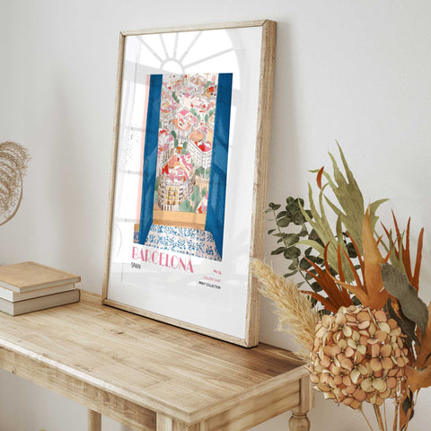 Barcelona balcony view art print modern decor