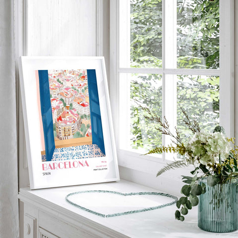Barcelona poster with rooftops and blue shutters