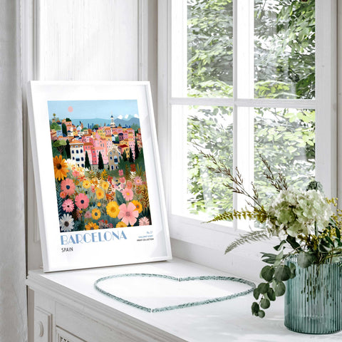 Barcelona skyline floral illustration print