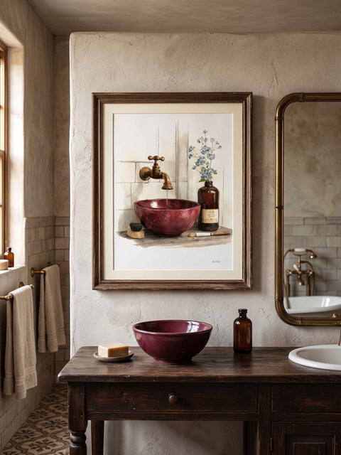 Bathroom Sink Wall Art Print - Burgundy Bowl Still Life