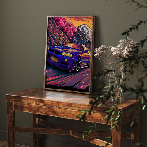 Bayside blue Nissan Skyline R34 GTR car poster with tire smoke