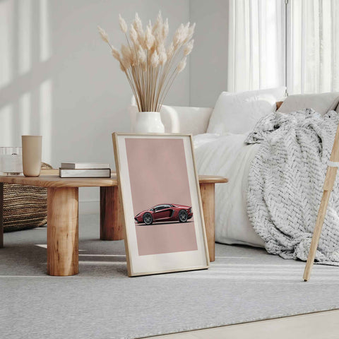 Black and white Lamborghini Aventador art for minimalist interior styling