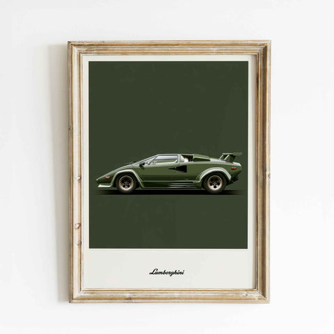 Black and white Lamborghini Countach art for minimalist interior styling