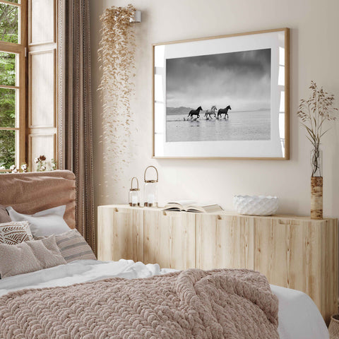 Black and white equestrian landscape photography print for contemporary home styling