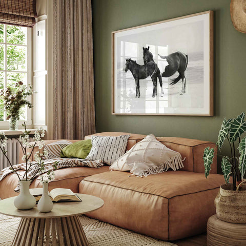 Wild Horses Beach Photography Art Print – Mare and Foal Coastal Equine Poster