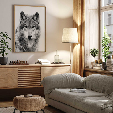Black and white wolf face print