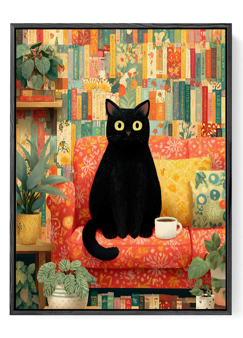 Black cat orange sofa books print