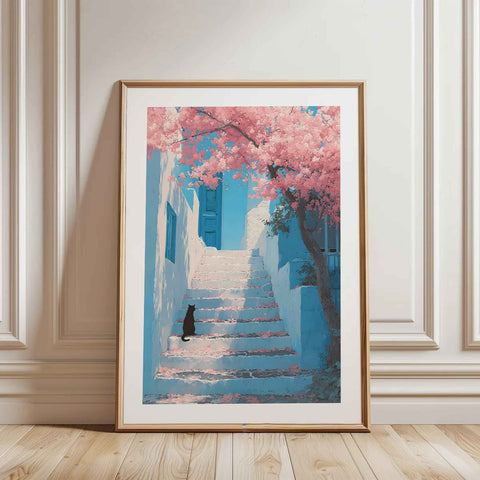 Black cat resting on white stairs in Greece poster
