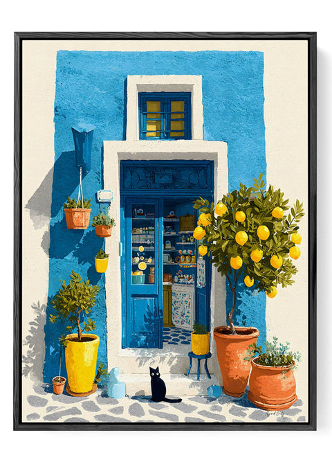 Blue Mediterranean doorway lemon tree watercolor print