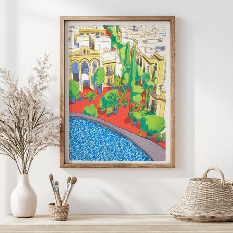 Blue Pool & Yellow Buildings – Mediterranean Wall Art
