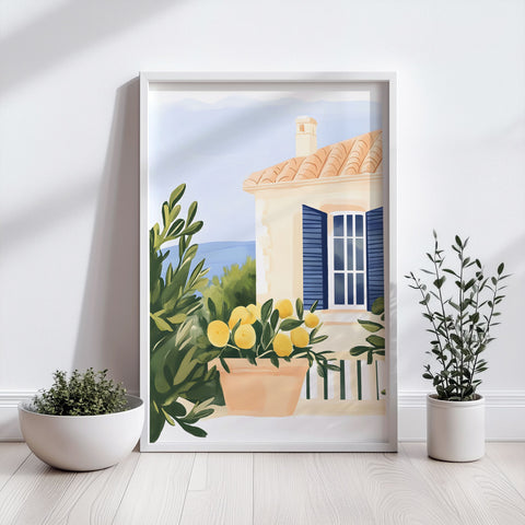 Blue Shutters & Sea View – Mediterranean Wall Art
