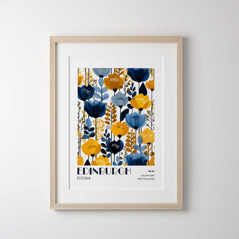 Blue and mustard floral art print for home decor