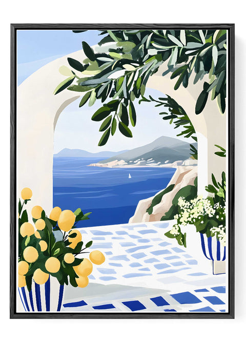 Blue and white Greek-style archway with lemons and ocean breeze

