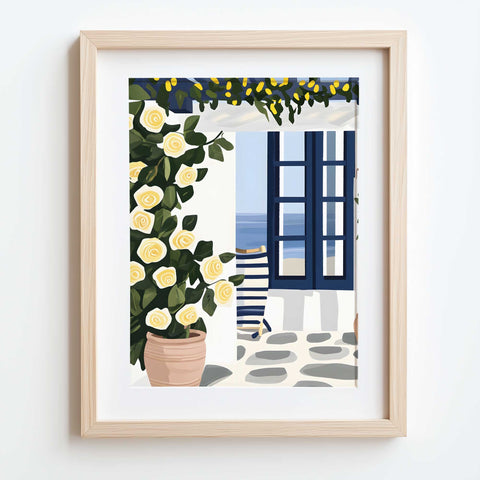 Blue and white Mediterranean garden with sea in distance

