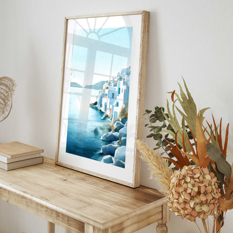Blue and white architecture art print Aegean view