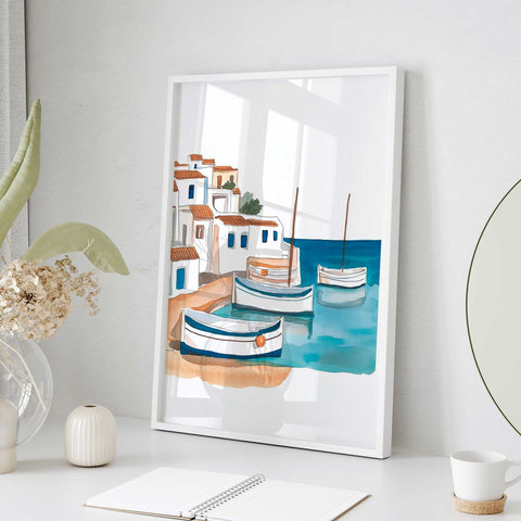 Blue and white boats on calm ocean watercolor

