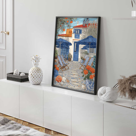 Blue and white coastal art print with courtyard scene