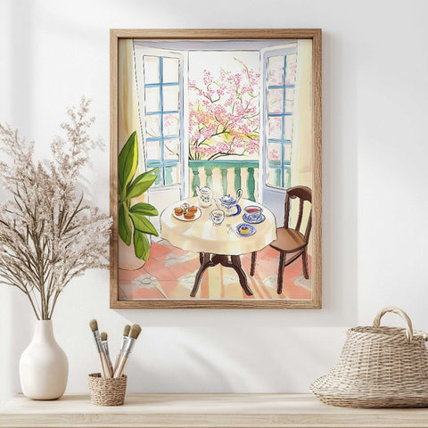 Blue and white tea set in cozy indoor setting with plants

