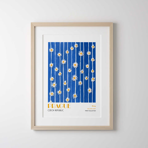 Blue background daisy artwork wall print Prague theme