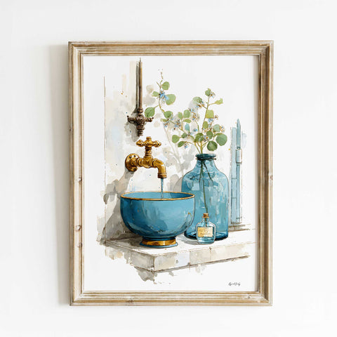 Blue basin brass faucet bathroom wall decor