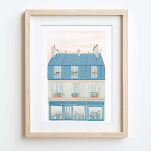 Blue building with white shutters and black iron balconies in watercolor

