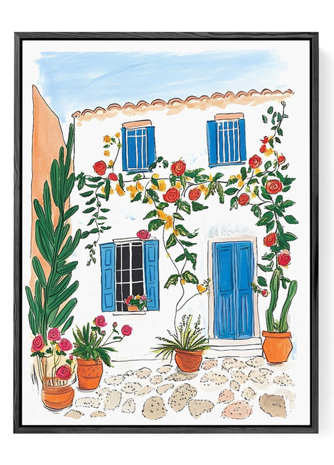 Blue door and window print with climbing red roses and terracotta pots

