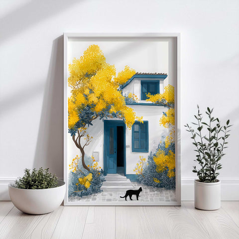 Blue door house with bright golden trees and cat

