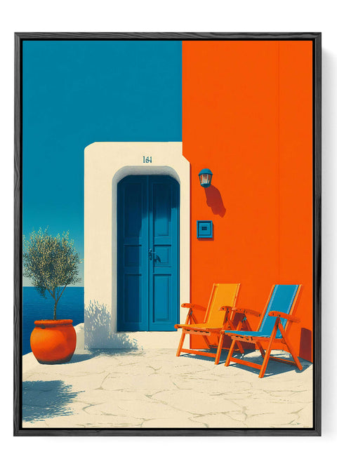 Blue door orange chairs Santorini print