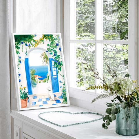 Blue door sea view art with white dog

