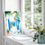 Blue door sea view art with white dog