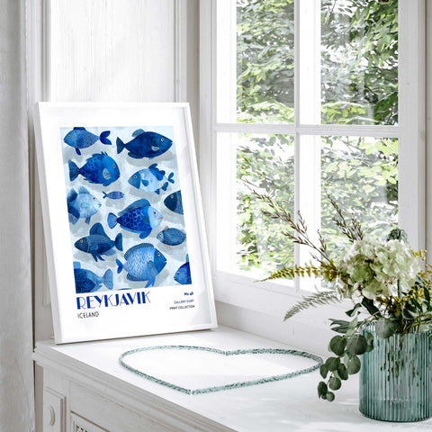 Blue fish illustration Reykjavik coastal artwork