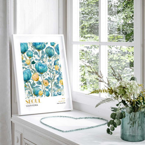 Blue floral wall decor Seoul art print poster