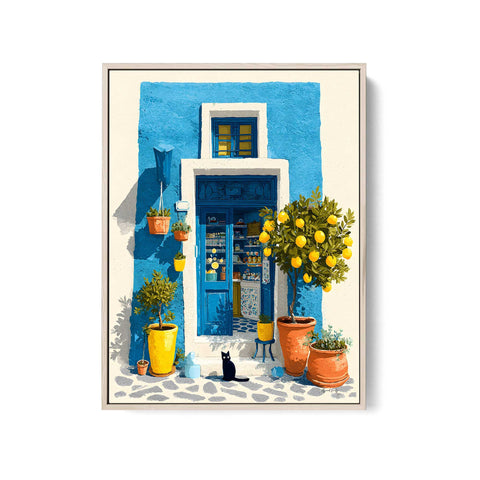 Blue house lemon tree watercolor European decor