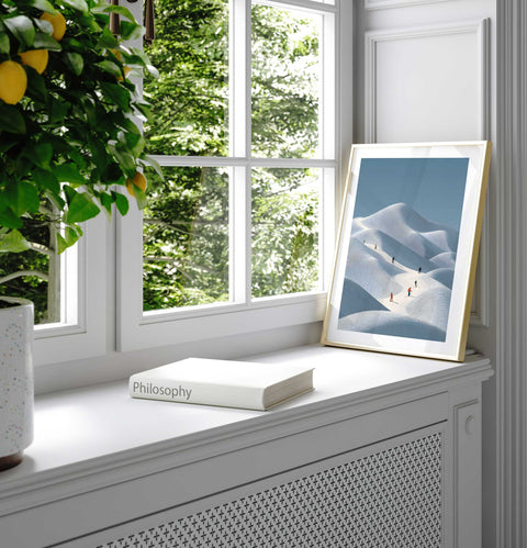 Minimalist Skiers in Snow Dunes Print – Modern Winter Landscape Wall Art - oakposter