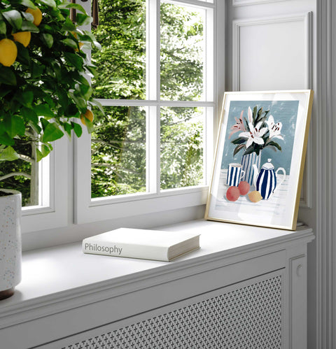Blue, orange, and white color scheme in a sophisticated modern art print.