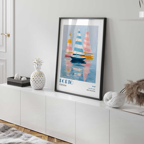 Blue pink sailboat wall art Porto maritime poster
