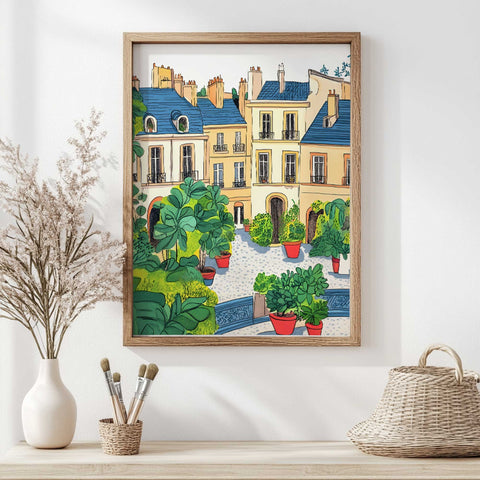 Blue rooftops and potted trees watercolor decor print

