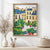 Blue rooftops and potted trees watercolor decor print