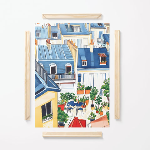 Blue rooftops and terrace garden