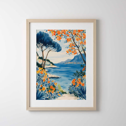 Blue sea and citrus foliage print