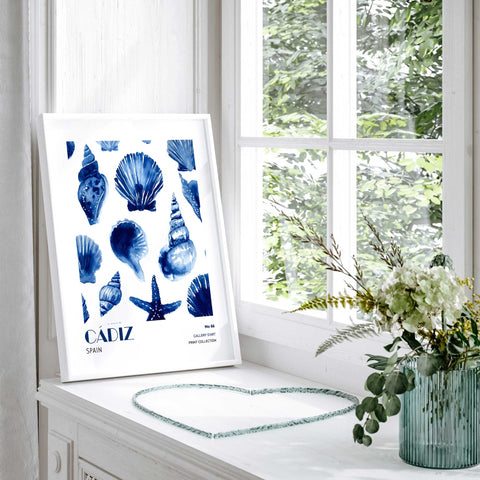 Blue seashell art print Cádiz beach poster
