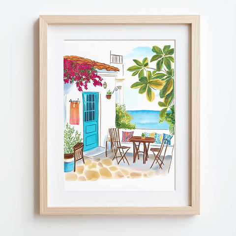 Blue seaside door and chairs illustration in sunny watercolor tones


