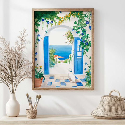 Blue tile patio art print with ocean and dog

