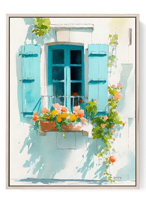 Blue window orange flowers watercolor art print with white wall