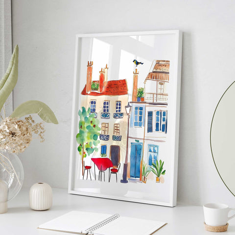 Blue windows and rooftops illustration
