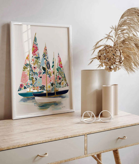 Blush pink and navy blue floral sailboat watercolor print from Lily and Emily Fine Art