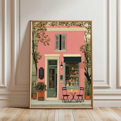 Blushing pink cafe facade watercolor print for home styling